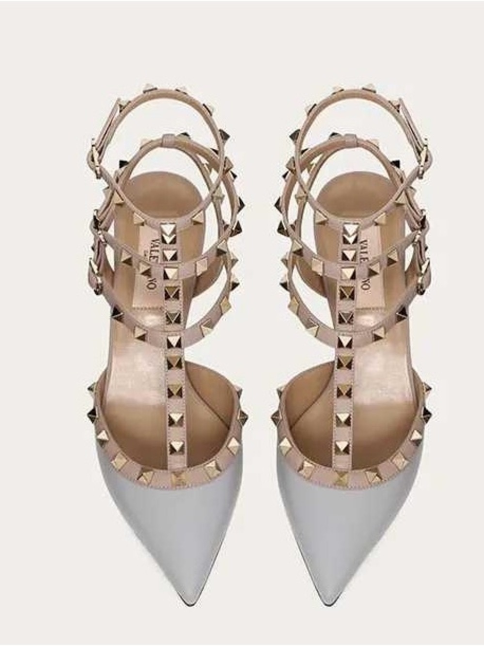 Valentino Garavani Nude and White Rockstud T-Strap Pointed Pumps